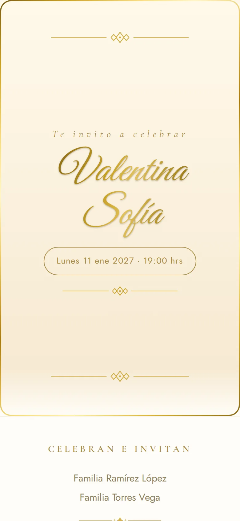 Invitación digital de XV años, diseño Champán y encaje