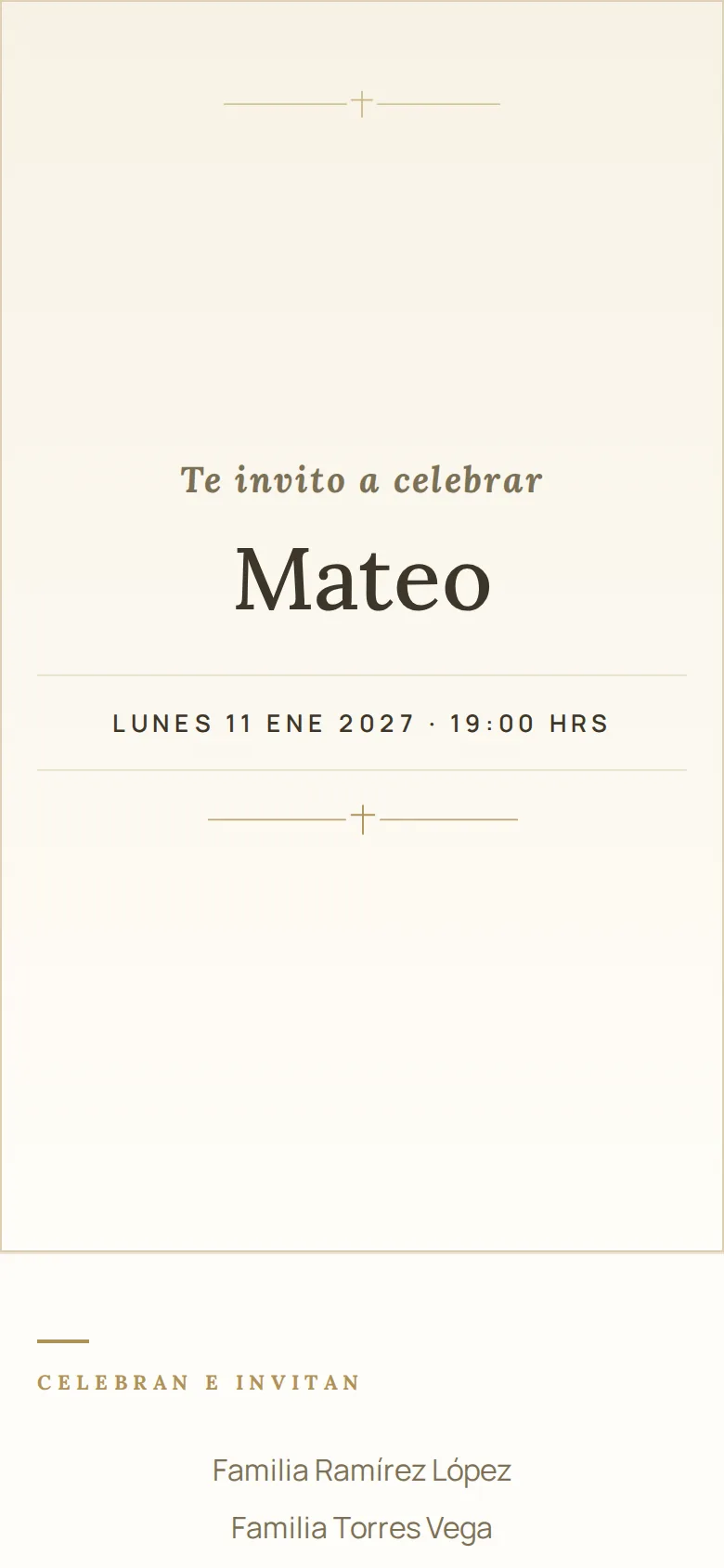 Invitación digital de Bautizo, diseño Crema y cruz
