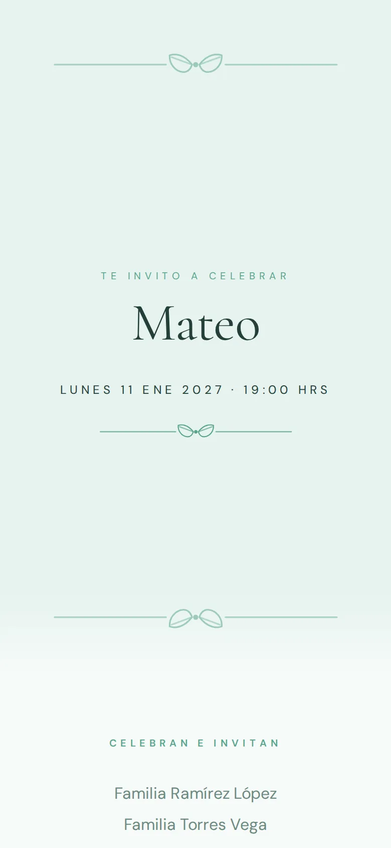 Invitación digital de Bautizo, diseño Menta suave