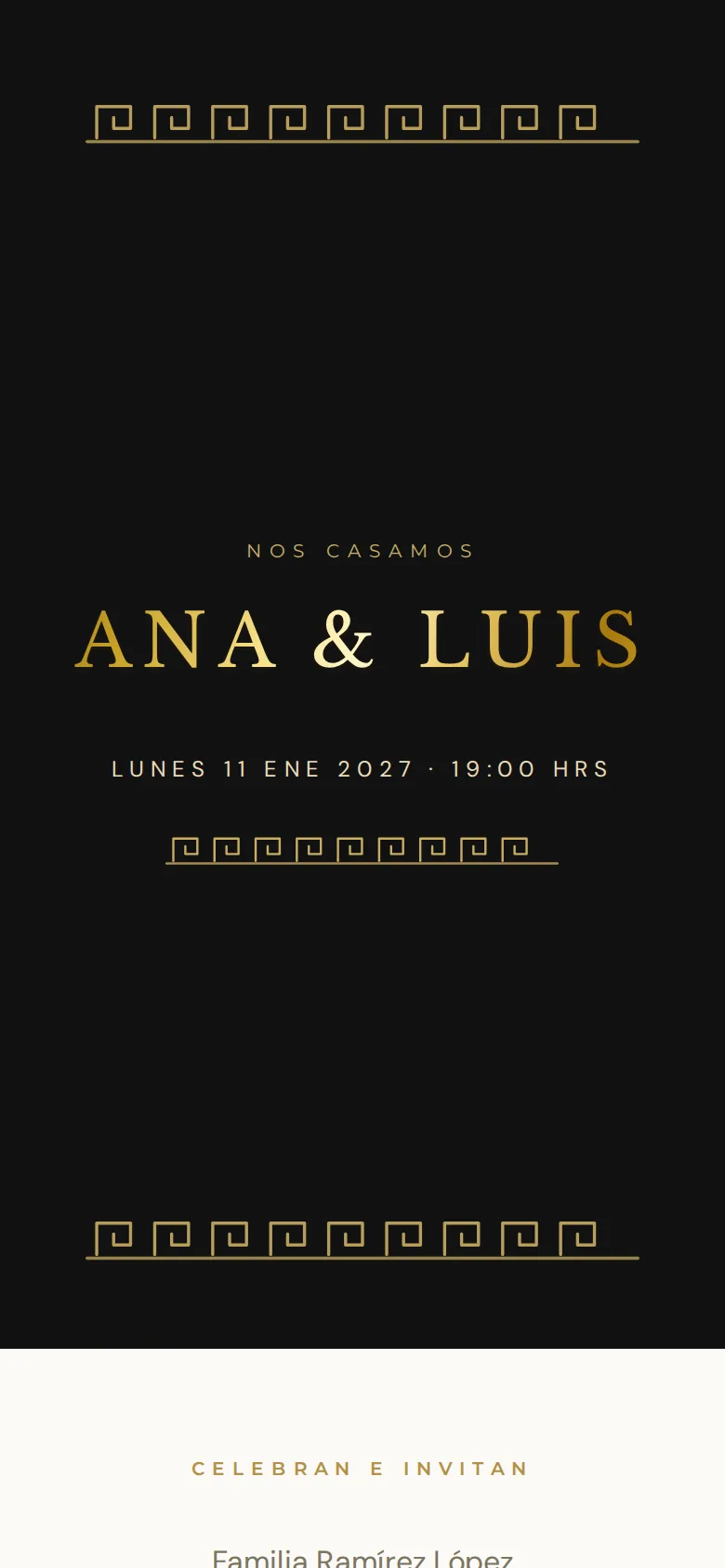 Invitación digital de Boda, diseño Negro y oro