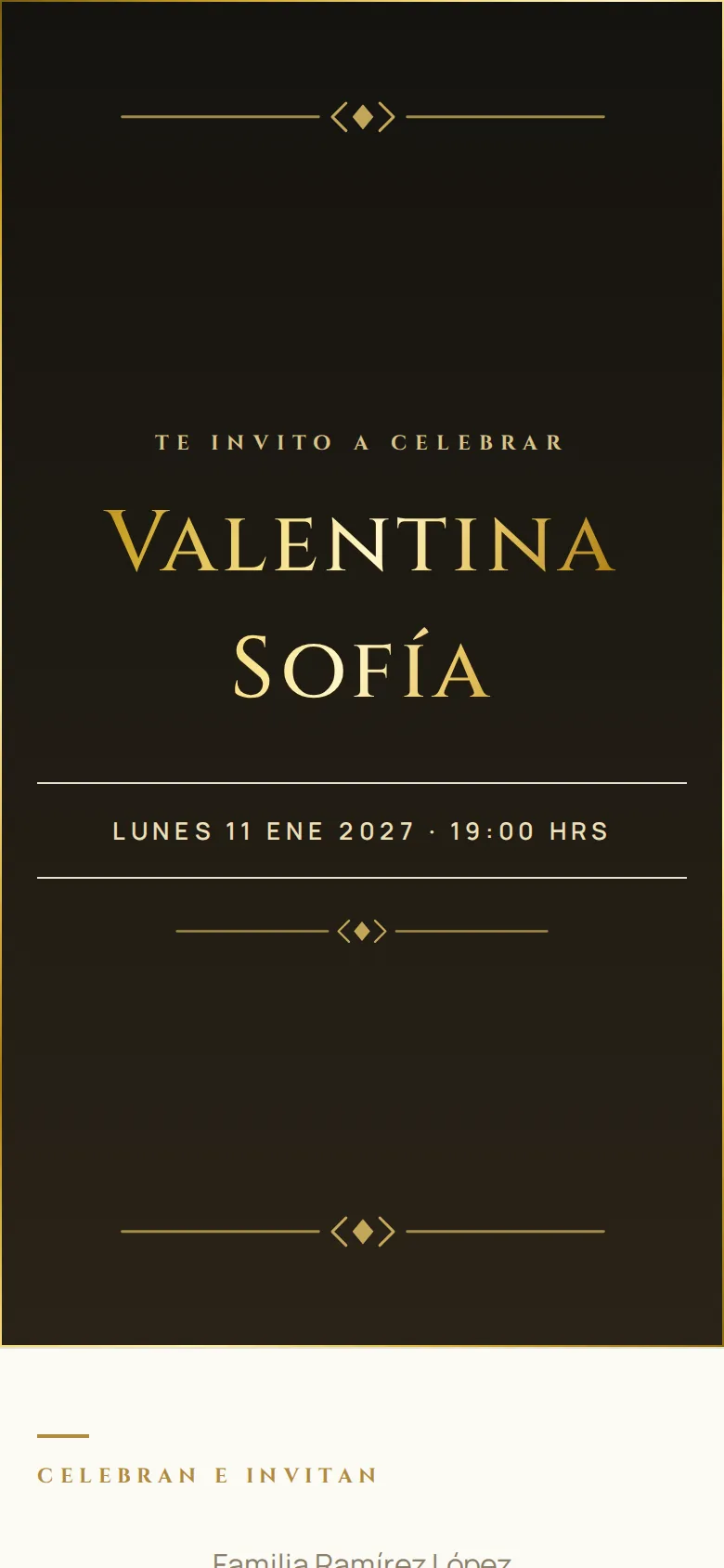 Invitación digital de XV años, diseño Noche dorada
